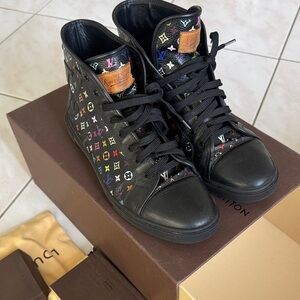 Louis Vuitton Black Multicolor Monogram High-Top Sneakers with Leather Trim